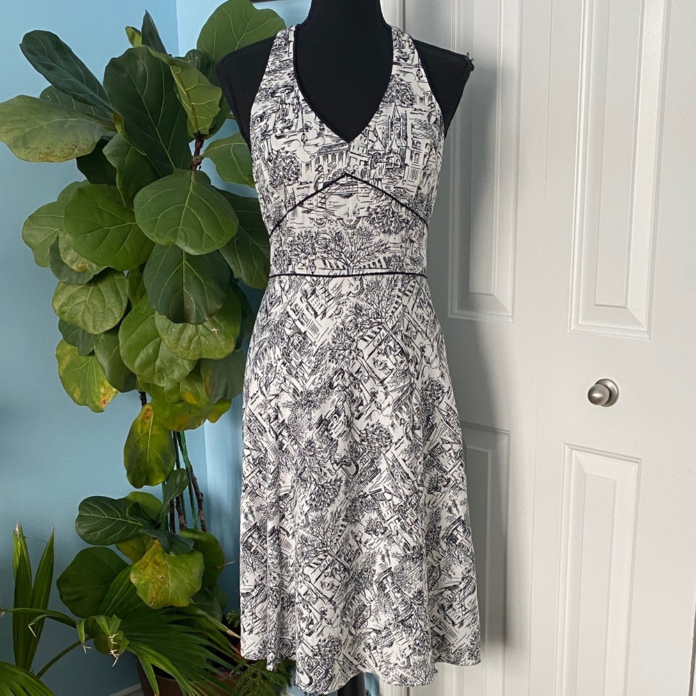 LOFT 6 Petite Black & White Graphic Parisian European Drawing Style Halter Dress